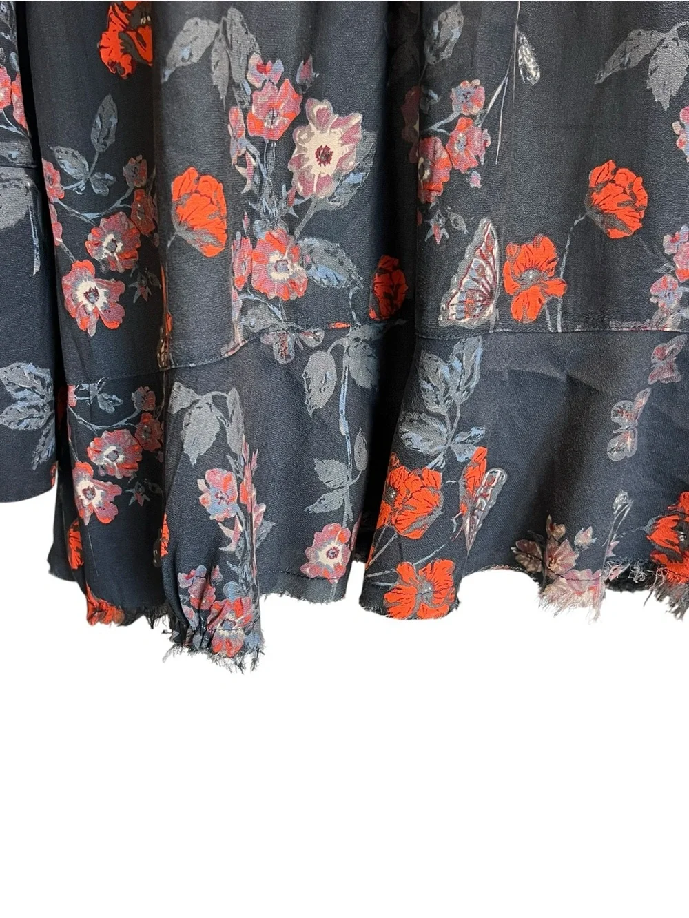 Free People Black Floral Tie-Neck Blouse with Orange Accents